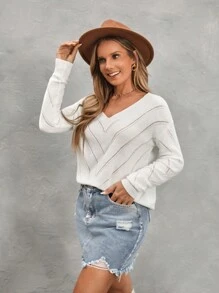 SHEIN LUNE Women's Solid Color V-Neck Hollow-Out Knit Sweater, Autumn/Winter