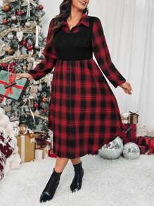 Calvaya Plus Size Checkered Patchwork Brushed Shirt Dress For Autumn, Casual - Multicolor - View 5