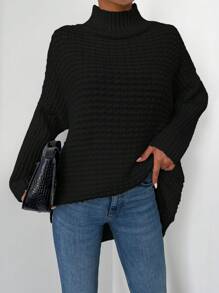 EURMUSE Plus Size Solid Color Stand Collar Sweater, Casual Wear Fall/Winter Clothes - Black - View 3
