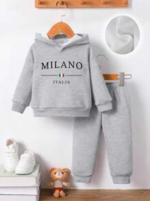 2 件装男婴休闲意大利国旗字母印花连帽衫和裤子套装，秋冬款 - 灰色 - 查看 3
