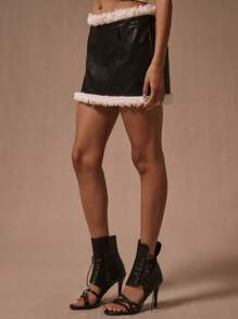 MUSERA Contrast PU Mini Skirt Elegant Summer Sexy Party Vacation Holiday Festival - Black - View 3