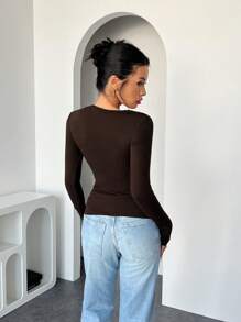 Chiquease Coffee Basic Pleated Slim Fit Thermal Lined Long Sleeve Women T-Shirt - Coffee Brown - View 2