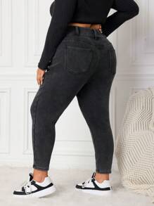 SHEIN CURVE+ 黑色大码牛仔裤 休闲弹力长裤 大码 内衬 保暖性佳 保暖牛仔布