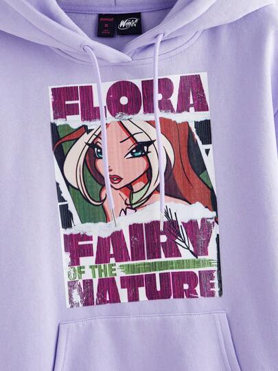 Winx Club X ROMWE Women Casual Cartoon Character & Slogan Print Dropped Shoulder Loose Drawstring Pocket Hoodie