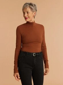 SHEIN LUNE 1pc Fashion Granny Brown Tight Fitted Warm T-Shirt For Women