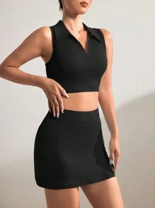 Conjunto de ropa deportiva de verano para mujer que incluye top sin mangas con cuello polo de unicolor y falda short con cintura elástica y abertura lateral