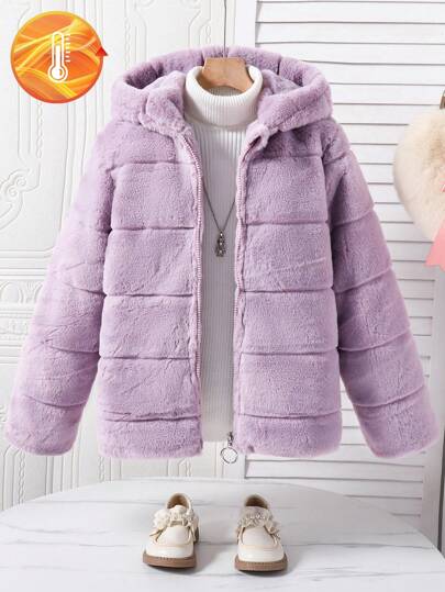 SHEIN Tween Girl Fuzzy Plaid Symmetric Pattern Hooded Casual Versatile Jacket, Suitable For Daily Wear