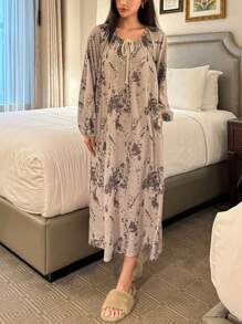 DAZY Splatter Print Pleated Loose Nightgown Pajama - Khaki - View 8