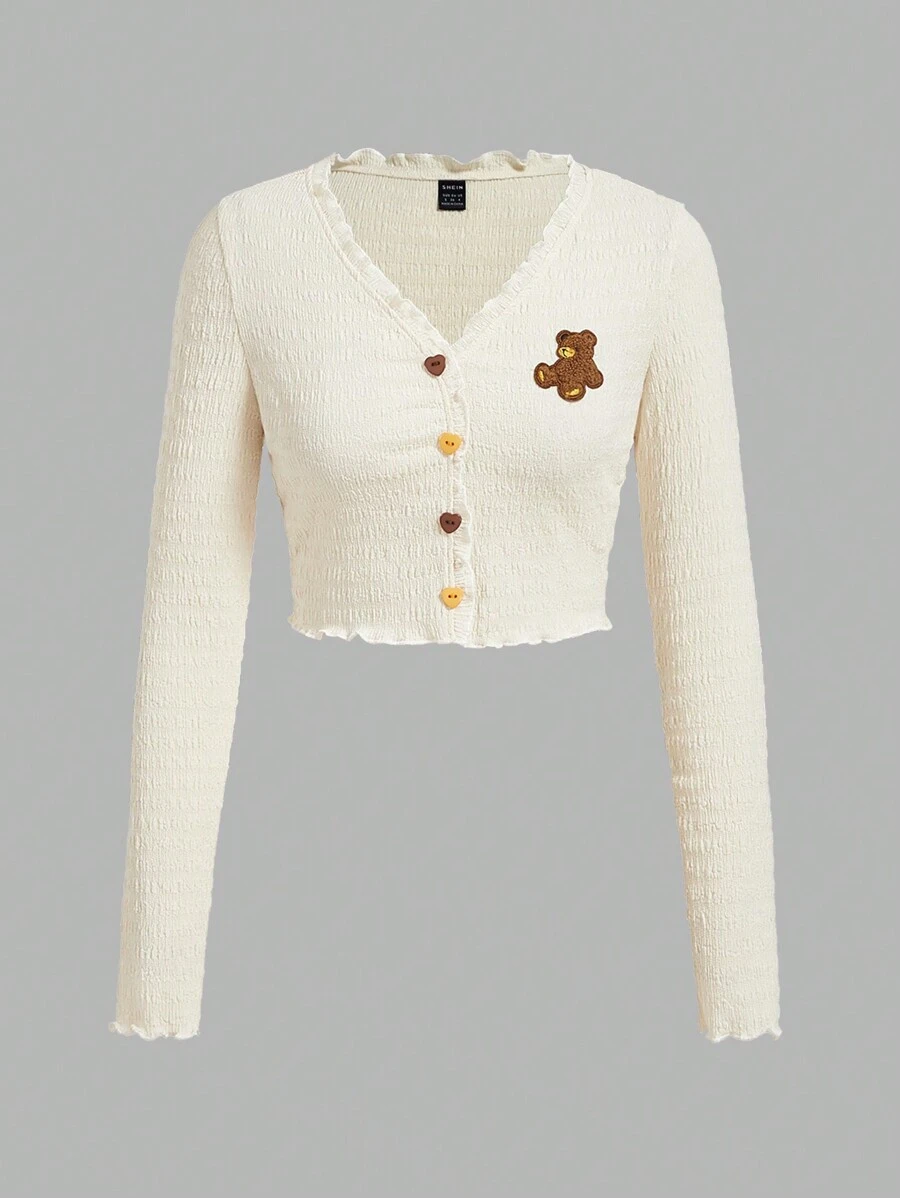 SHEIN MOD Áo thun nữ Xù nhỏ Nút phía trước Hoạt hình Giải trí - Màu be - Xem 1