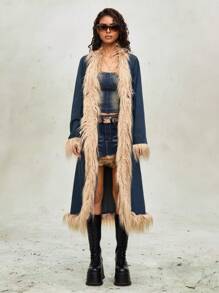 ROMWE Grunge Punk Y2K Patchwork Fuzzy Denim Cinched Waist Long Jacket - Blue - View 3