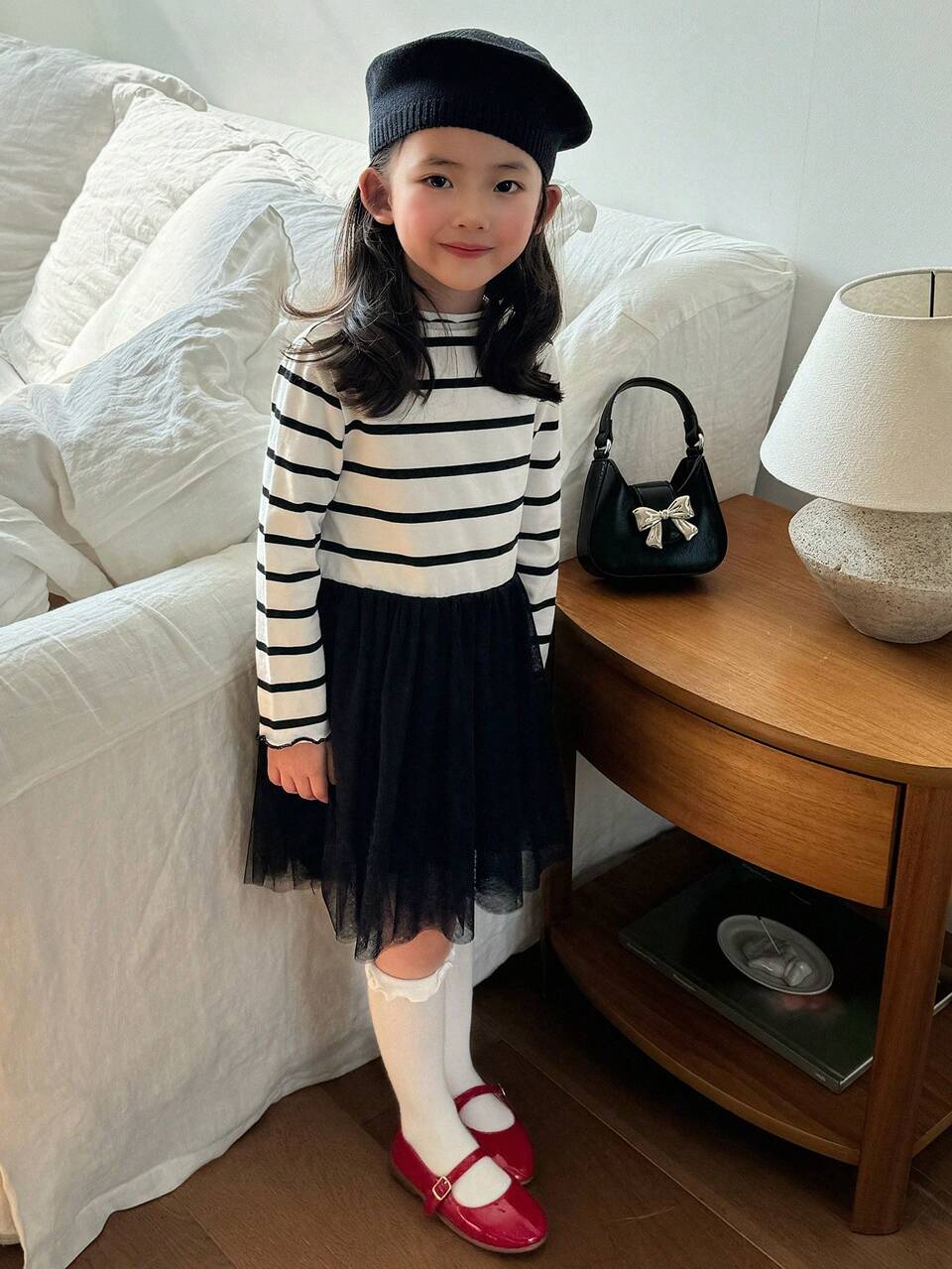 Young Girls Striped Mesh Contrast Dress, Fall Season Young Girl Clothing