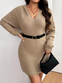 Flirla Váy len rộng rãi, đơn giản, có mũ trùm đầu cỡ lớn - Màu Khaki - Xem 1