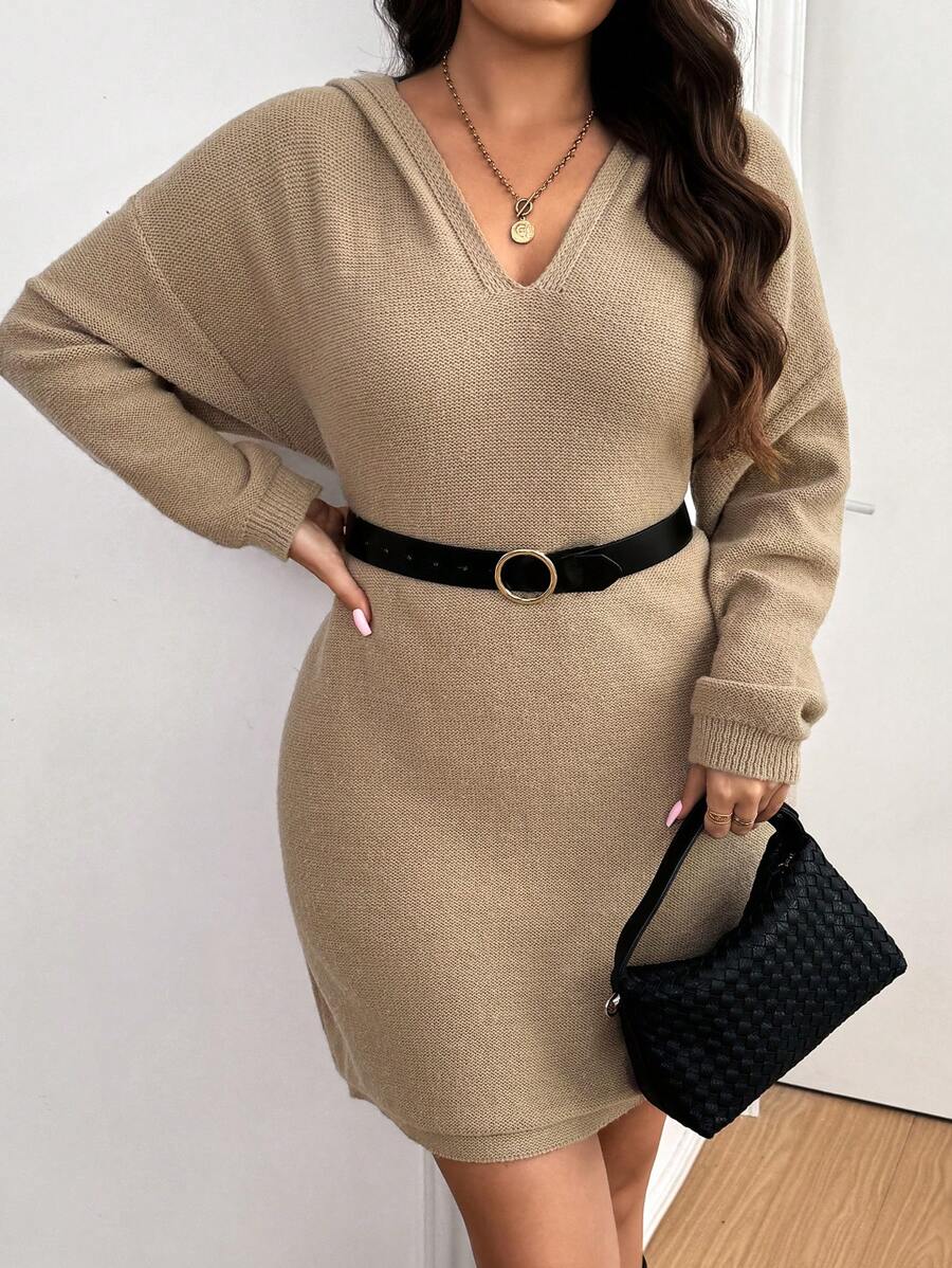 Flirla Váy len rộng rãi, đơn giản, có mũ trùm đầu cỡ lớn - Màu Khaki - Xem 1