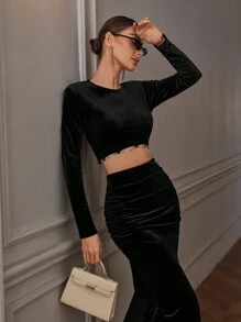 Aveloria Modichic French Style Ins Padded Shoulder Loose Long Sleeve Top Paired With Bodycon Midi Skirt, Women Autumn Party Outfit, Featuring Flannel, Velvet, Exquisite Hemline, Crystal Embellishment, Tie-Up Waist Design, Date Night Look