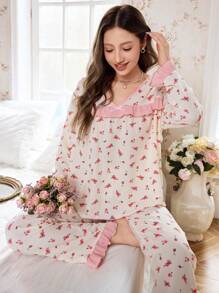 Bộ đồ ngủ nhún bèo họa tiết hoa 3 món dành cho nữ - Màu be - Xem 3