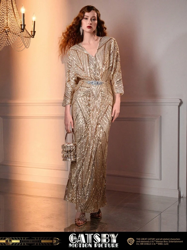 The Great Gatsby x MOTF SEQUINS RHINESTONE WAIST SURPLICE NECK MERMAID HEM LONG DRESS