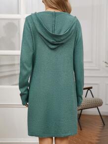 SHEIN Gaun Sweater Hamil Polos Sederhana dengan Tali Serut dan Tudung, Kasual, untuk Musim Dingin - Hijau - View 2