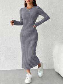 SHEIN PETITE Vestido negro de punto acanalado ajustado