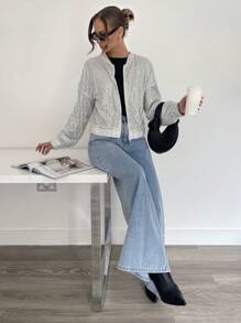 SHEIN Essnce Sequin Embellished Bomber Jacket, Shiny Party Jacket, Silver Color