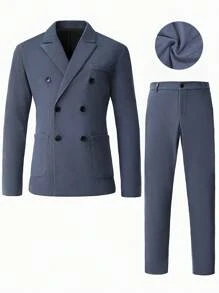 Calvornis Men's Notched Collar Long Sleeve Double Breasted Suit Jacket And Trousers Office Wear Outfit