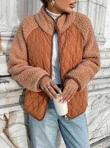 SHEIN LUNE Khaki Women Casual Fluffy Splice Pockets Jacket Basic Outerwear For Autumn/Winter