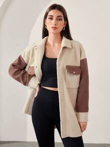 Mulvari Chaqueta casual de mujer con bloqueo de color, cuello vuelto y botones, adecuada para otoño e invierno