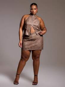 MUSERA Plus Size Faux Leather Buckle Mini Skirt For Going Out, Sexy, Club, Party, Date Night, Holiday, Rave, Concert, Festival Summer - Brown - View 1