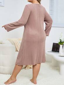 1pc Women Plus Size Flocked Ribbed Lace Patchwork Faux Stockings Long Sleeve Nightgown