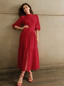 Anewsta 优雅复古白色宽松编织连衣裙女士酒红色长款女士服装 - 酒紅色 - 查看 5