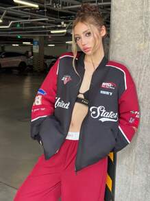 SHEIN EZwear Damenjacke in Schwarz mit Polsterung und Streetwear Grafiken