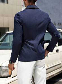 Manfinity Bizformal Men Solid Colored Double-Breasted Casual Long Sleeve Blazer - Navy Blue - View 8