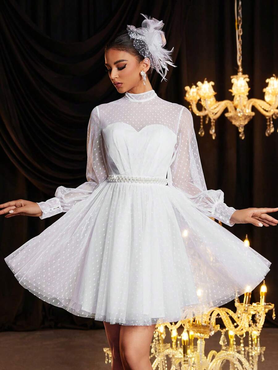 SHEIN Belle Elegant Luxurious Ivory Polka Dot Sheer Long Sleeve Ruched