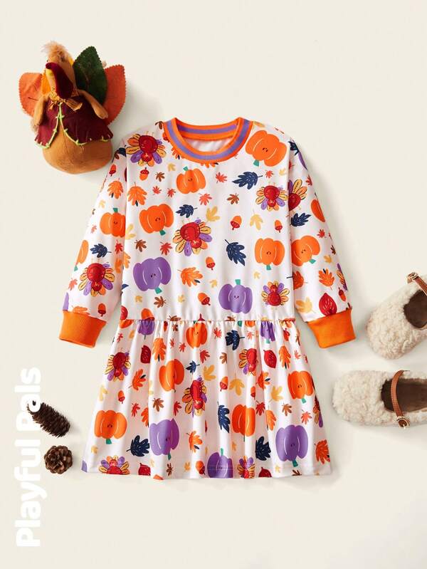 SHEIN 1pc Young Girls Cute/Vintage/Funny/Cartoon Turkey/Pumpkin/Maple Leaf Long Sleeve Sweatshirt Dress, Thanksgiving, Spring/Autumn/Winter