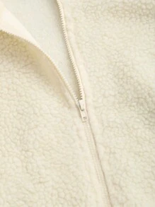 SHEIN Unity Casual Solid Color Stand Collar Fleece Zipper Jacket, Autumn/Winter - Apricot - View 3