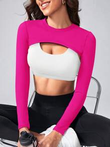 Gameset SHEIN Sport Women's Solid Color Round Neck Long Sleeve Cropped Fitness Sports T-Shirt For Everyday Wear