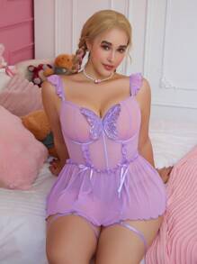 Bộ 4 món váy lưới xếp nếp nhiều lớp đính đá hình bướm gợi cảm, có bo gấu chân - Màu tím - Xem 4