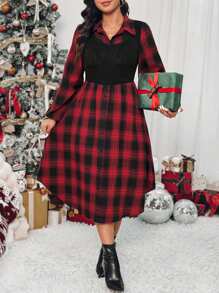 Calvaya Plus Size Checkered Patchwork Brushed Shirt Dress For Autumn, Casual - Multicolor - View 7