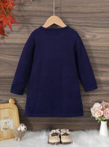 SHEIN Young Girls Casual Heart-Shaped Faux Bag Design Long Sleeve Crew Neck A-Line Knitted Sweater Dress, Soft & Comfortable, Suitable For Everyday, Outing, Travel, Vacation, Home, Nursery, Playing, And School Wear - Royal Blue - View 2