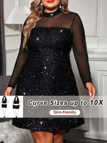 SHEIN CURVE+ Curve Plus Winter  Fall Sheer Mesh Yoke Sequin Dress - Black - View 1