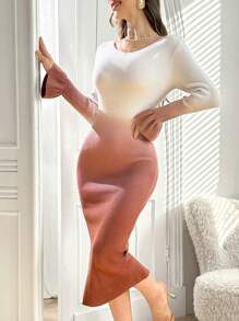 Modelyn Robe en tricot élégante ajustée avec manches évasées et col rond, couleur dégradée, automne - Multicolore - Voir 6