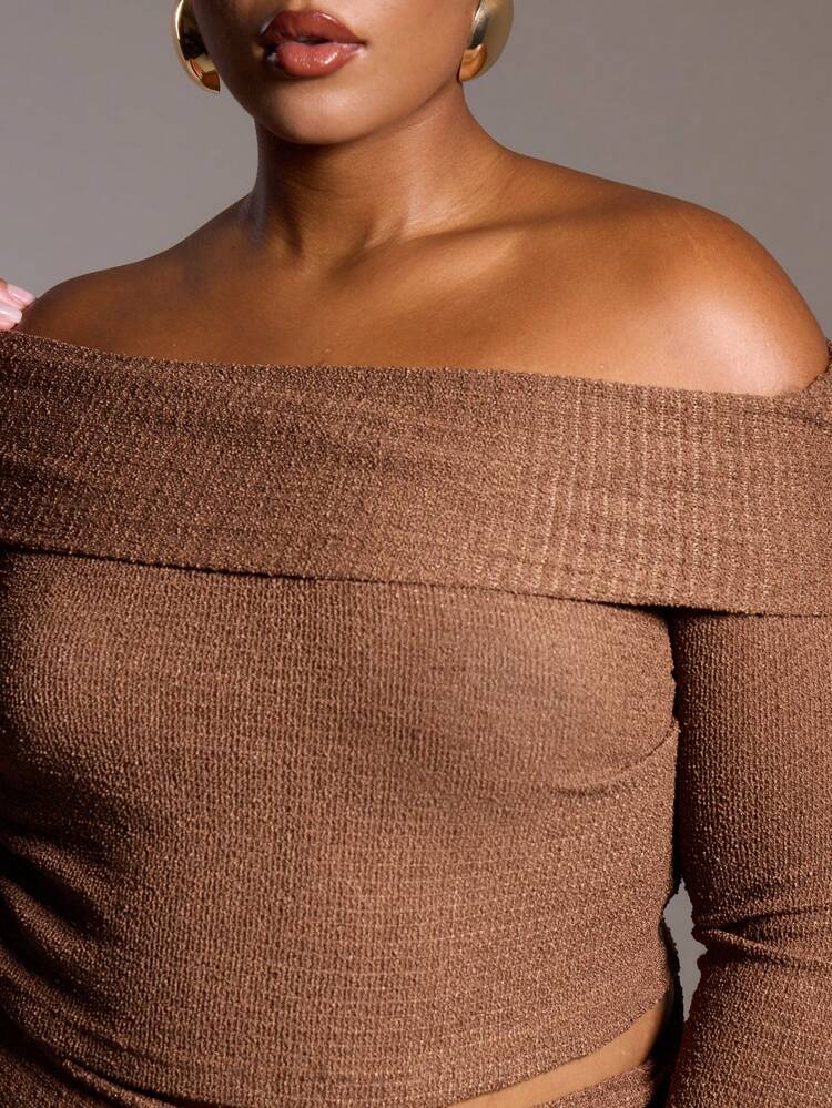 Plus Size Knit Textured Asymmetric Off The Shoulder Bardot Long Sleeve Top For Going Out, Sexy, Club, Party, Date Night, Holiday, Rave, Concert, Festival Spring Summer