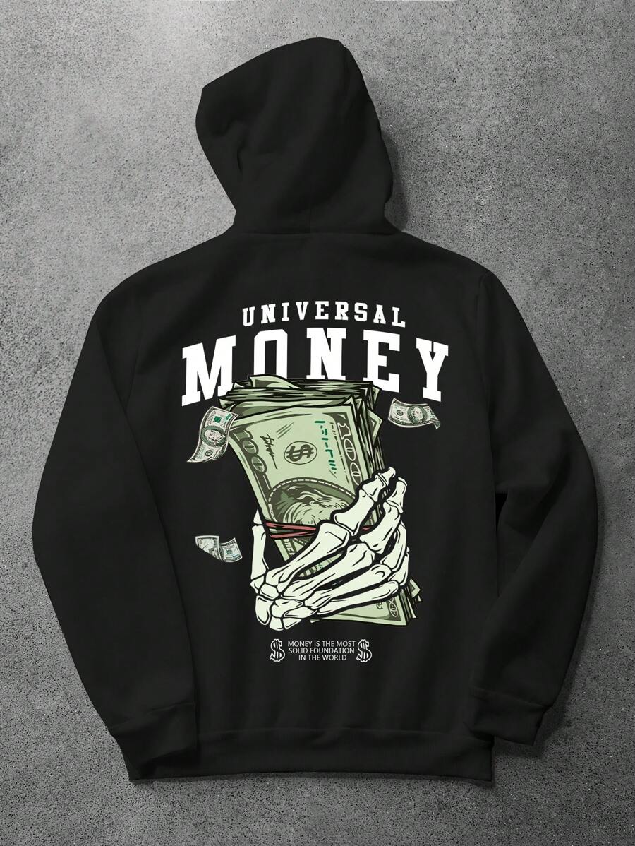 Manfinity LEGND 大码男式骷髅手和美元符号印花连帽衫