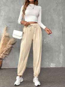 Chiquease 女式保暖内衬高腰宽松抽绳九分裤 - 杏色 - 查看 5