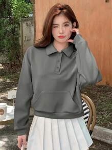 DAZY Women Casual Solid Drop Shoulder Loose Polo Neck Big Pocket Sweatshirt For Spring And Autumn,Fall Women Clothes - Grey - View 4