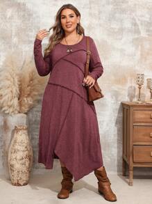 EMERY ROSE Vestido de otoño de manga larga, cuello redondo, informal, con diseño cómodo y a la moda, tallas grandes - Burdeos - Ver 4