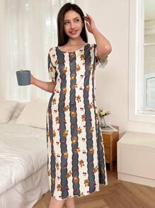 Dream Adore Cute Bear Striped Print Short Sleeve T-Shirt Nightgown Babydoll For Women Holidayseason