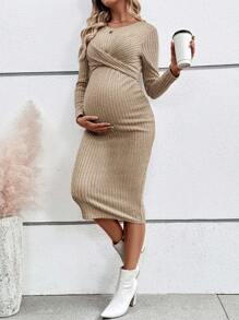 SHEIN Maternity Casual Solid Ribbed Crossed Front Long Sleeve Knit Dress, Suitable For Autumn/Winter - Khaki - View 4