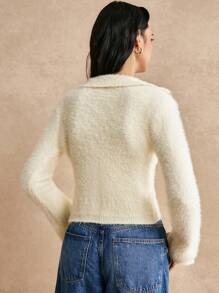 Poéselle Yellow Faux Mink Fleece Cardigan Long Sleeve Short Split Wool Sweater, Beige Sweater, Cute Sweater, Fuzzy Sweater, Fairy Core, V Neck Long Sleeve, Yellow Knit Top, Effortless Chic Essential FW24, Fall Women's Clothing, Women's Short Sweaters, FW24 Autumn/Winter
