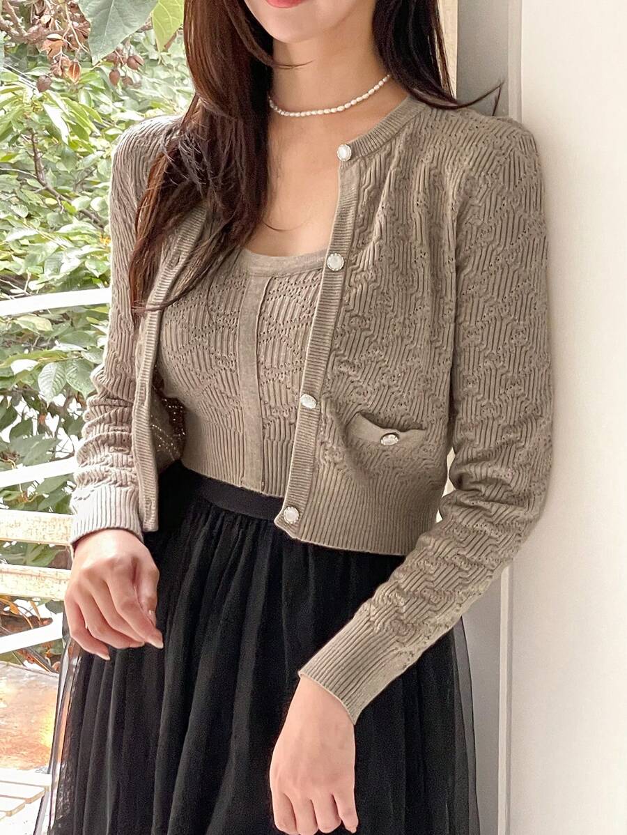 DAZY Set de 2 piezas Top de camiseta y Cárdigan de unicolor para mujer, ropa de otoño Suéter de mujer