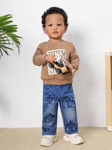 SHEIN Celana Jeans Denim Biru Model Lurus Kasual untuk Bayi Laki-laki, Motif Bintang Lucu dan Dicuci dengan Batu, Cocok untuk Pakaian Luar Ruangan Musim Gugur dan Musim Dingin - Medium Wash - View 4
